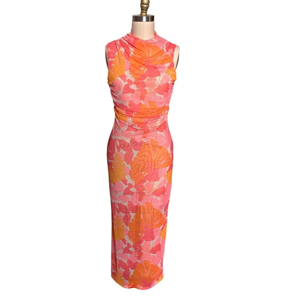 Y2K Mixed Threads Maxi Dress Medium Pink Orange Tropical Mesh Ruched